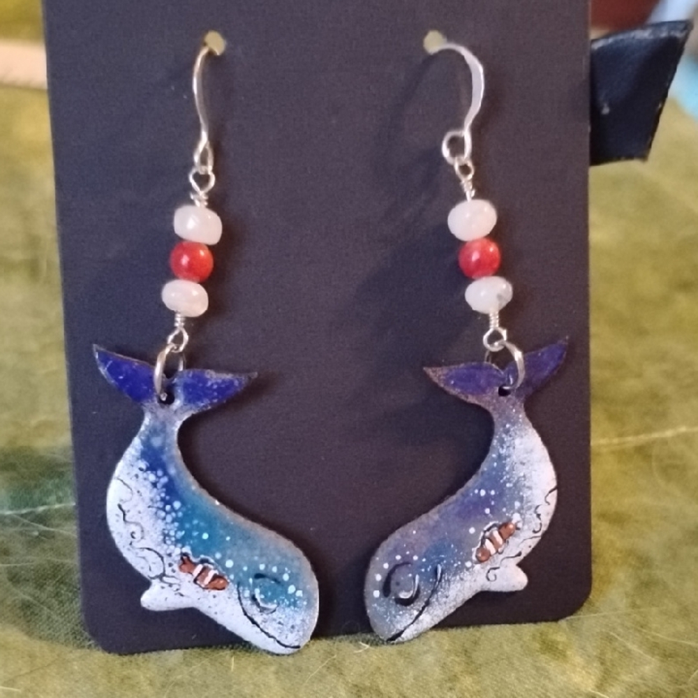 Hand Crafted Whale Earrings with Friend Accented With Moonstone And Bamboo Coral